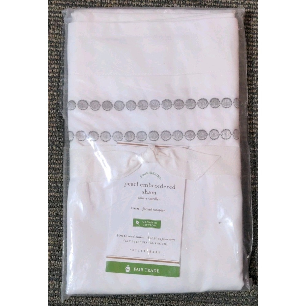 Pottery Barn Pearl Organic Cotton Sham Euro Pillow GRAY‎ MIST Embroidered NEW